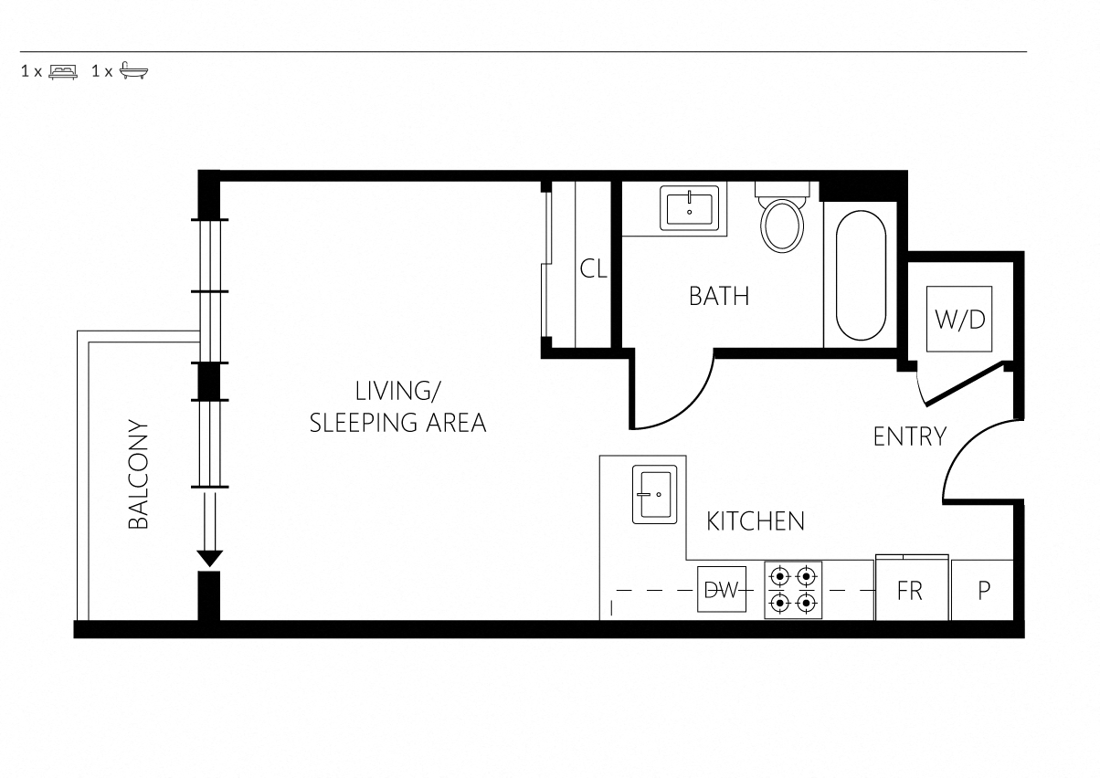Floor plan for studio, 1 bath, 448 sqft